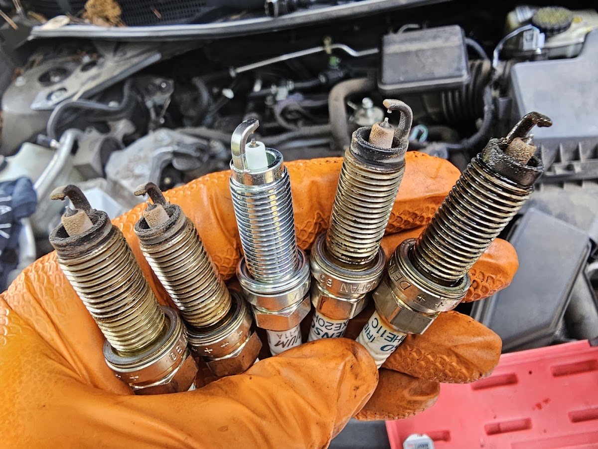 Worn spark plugs pulled and shown to the customer